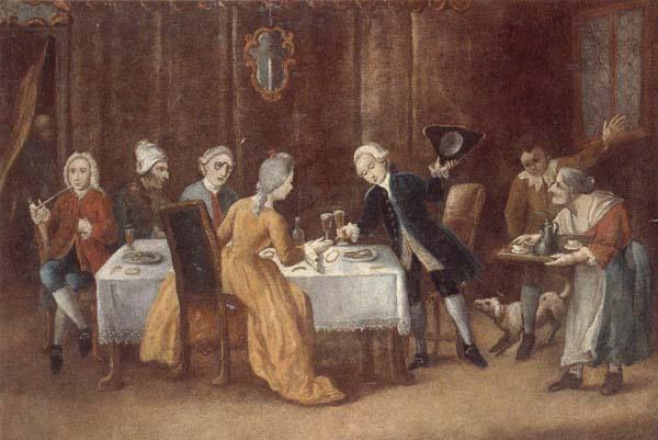 unknow artist An elegant interior with a lady and gentleman toasting,other figures drinking and smoking at the table oil painting image